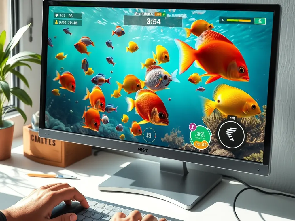 Trình duyệt web chơi game bắn cá H5 GO88 với cá đủ màu bơi lội, người chơi dùng chuột điều khiển trên màn hình máy tính.